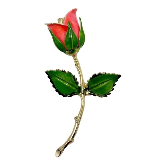 Two Vintage Giovanni Roses Pink & Green Enamel And Gold Tone Brooches Pins - Picture 2 of 7